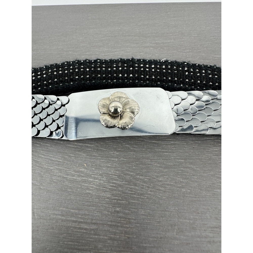 Vintage Silver Metal Mermaid Scales Stretch Belt Floral Buckle 80s 90s Statement